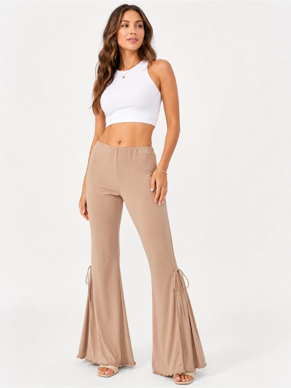 Vintage Tie-Hem Flared Pants in Taupe